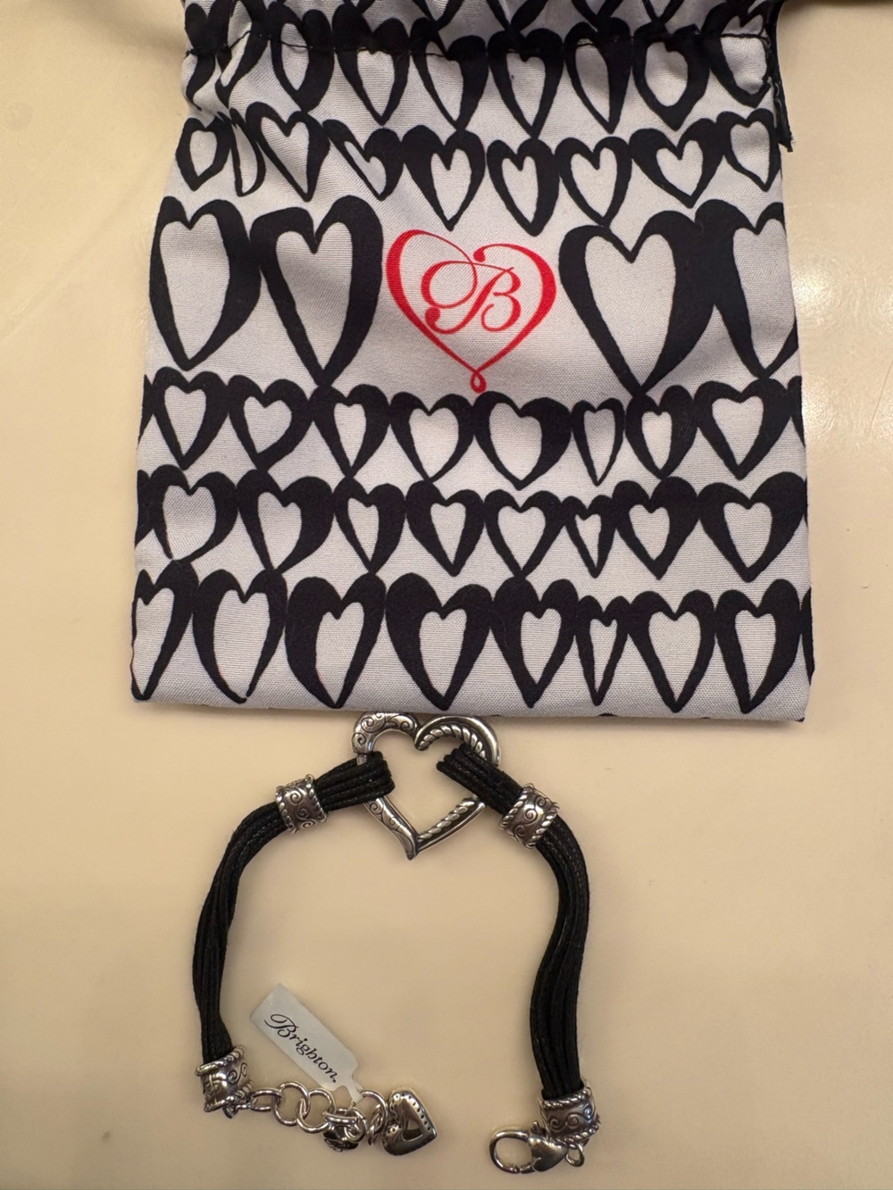 Brighton Black and White Heart Scarf with Silver Heart Bracelet